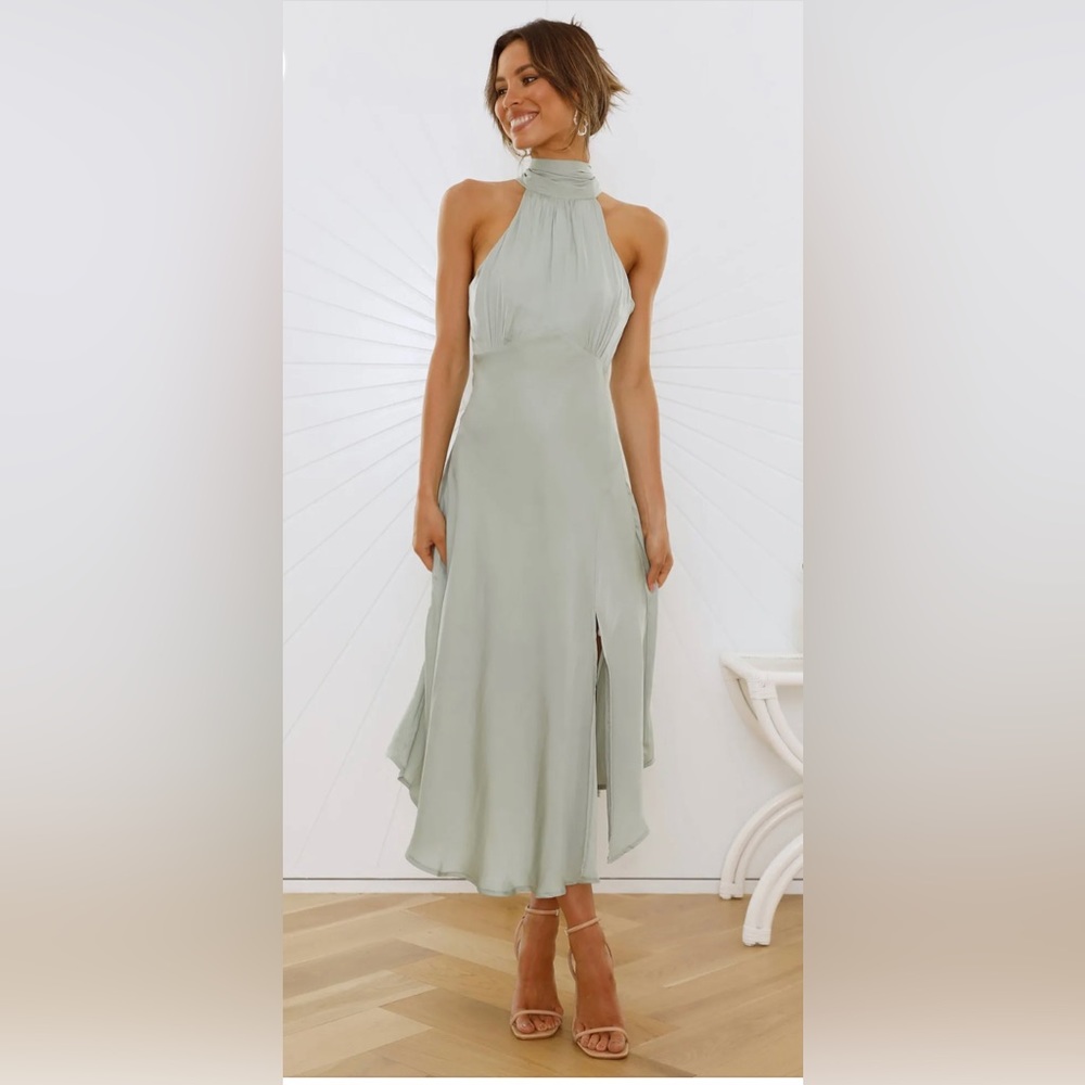Sage Green Hello Molly Satin Midi Dress